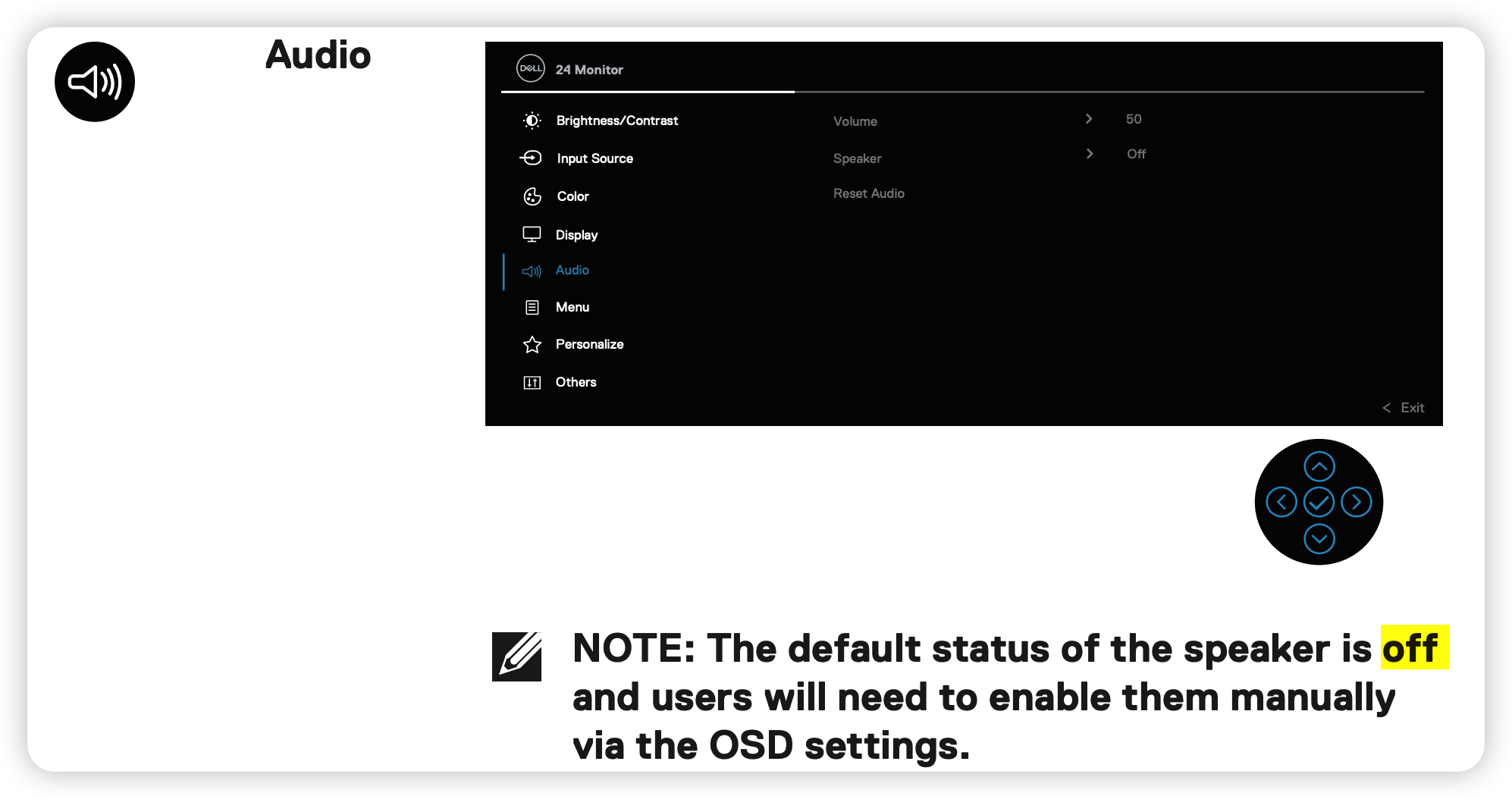 enable built-in speaker in P2424HT’s OSD menu