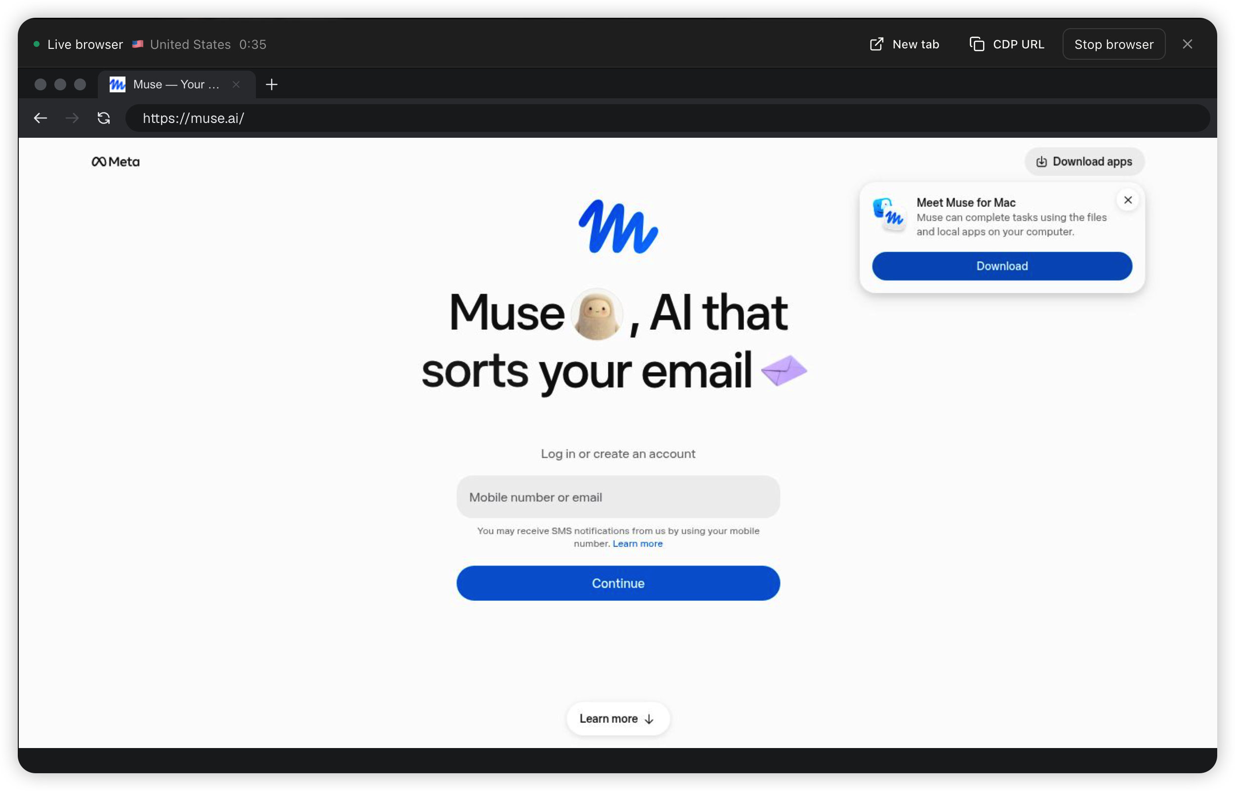 Muse login page