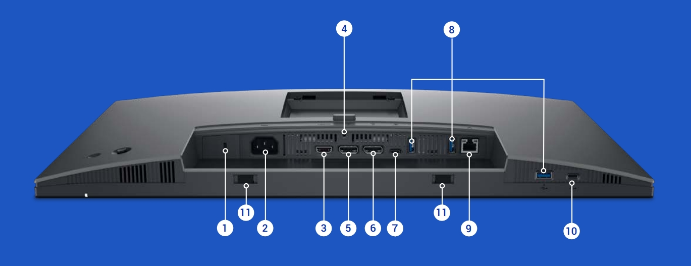 Ports and slots on P2425HE. Port 6 is a DP-out port, used for Daisy Chain. Port 7 is a Type-C port in DP-alt mode with 90W PD charging. Port 9 is a RJ45 network port.