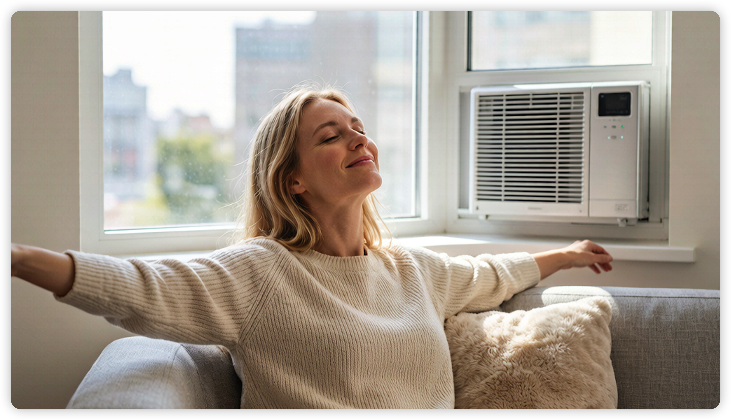 Woman feeling relaxed with window air conditioner